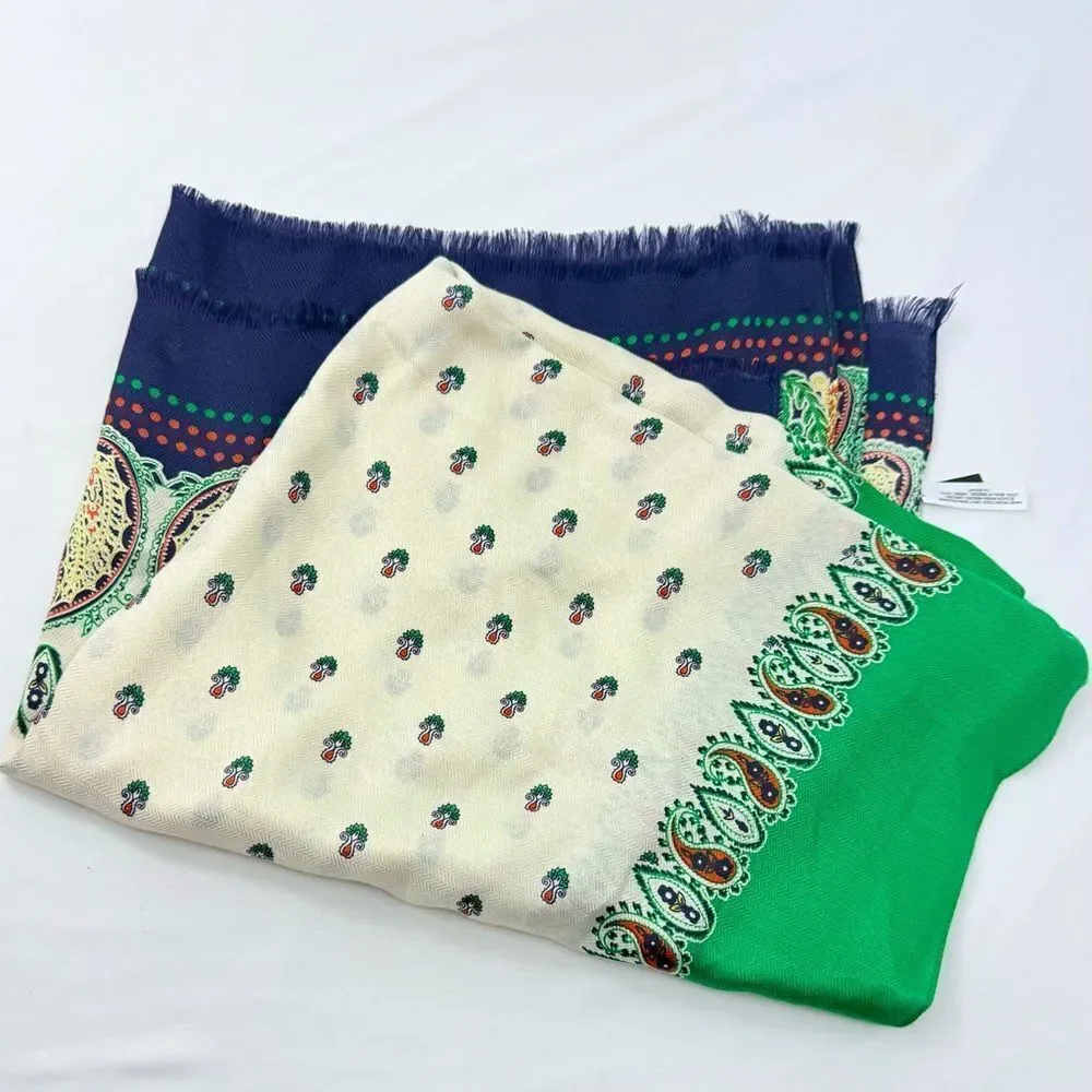 Talbots Cream Fleur Blue Green Paisley Edged Preppy Shawl Wrap Scarf